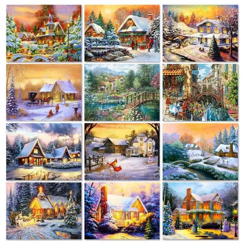 

GATYZTORY 5D DIY Diamond Painting Winter Landscape Mosaic Cross Stitch Full Drill Diamond Embroidery Kit Christmas Home Decorati