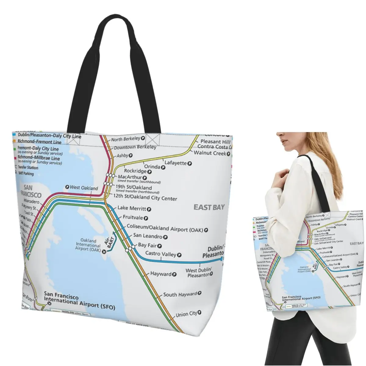 

BART MAP - Bay Area Rapid Transit Map Сумка для покупок Холщовая сумка на плечо большой вместимости Сумка для покупок для женщин