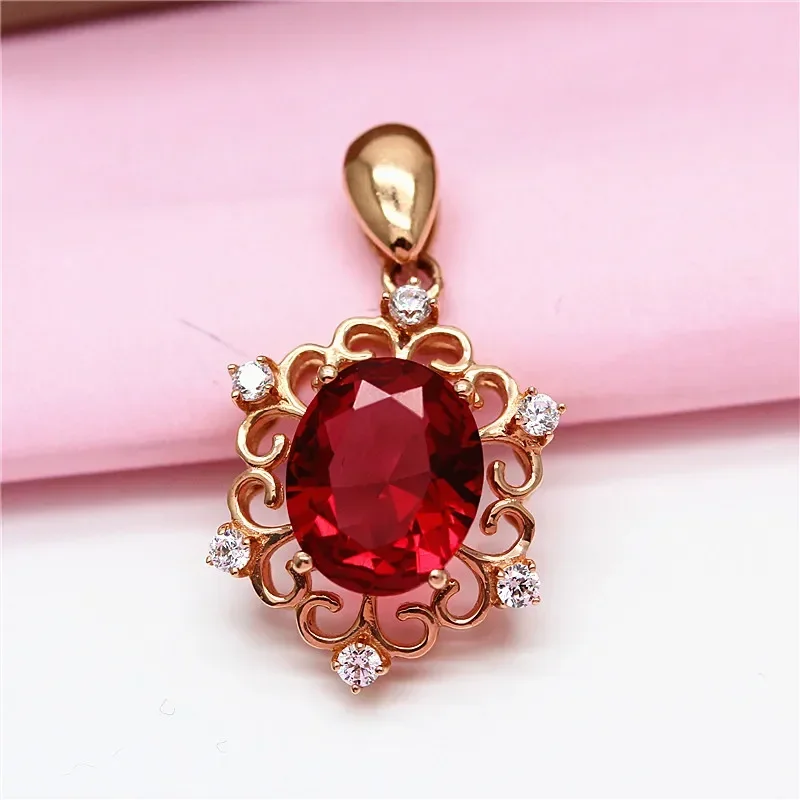 585 Purple Gold Inlaid Ruby Pendant Court Style Plated 14K Rose Gold High-end Elegant Openwork Design Wedding Jewelry for Women