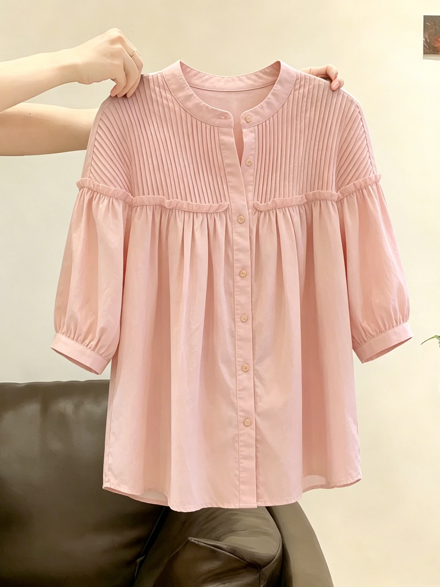 

Large Size Korean Style Unique Pink Shirt Women's Fashionable Versatile Summer New Arrival High End Feel Good Match Anytime Top