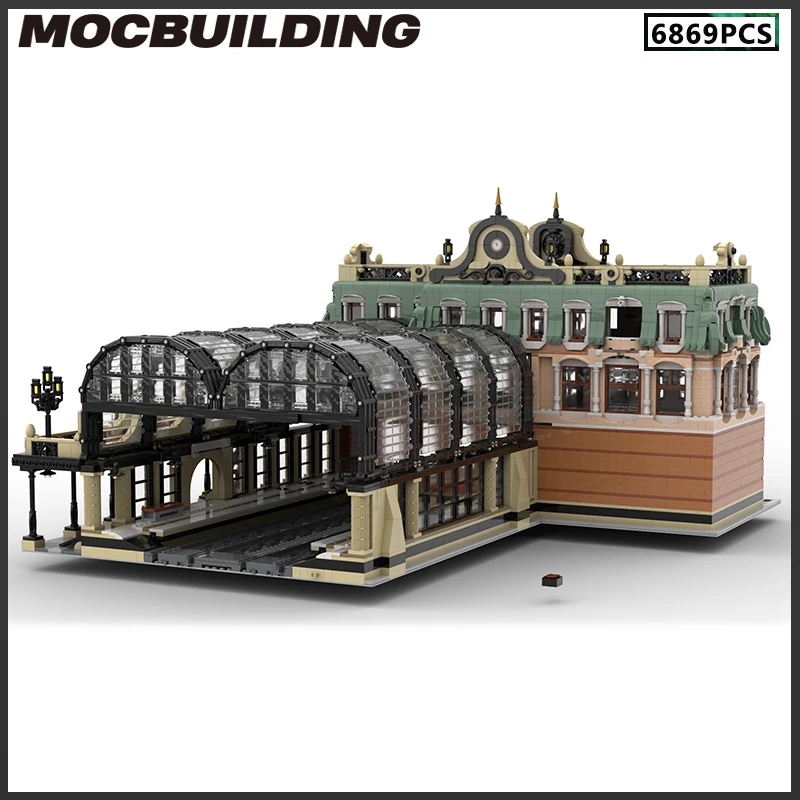 MOC Building Blocks Train Station Urban Architectural Landscape Transportation Streetscape Modular Model Bricks DIY Christmas