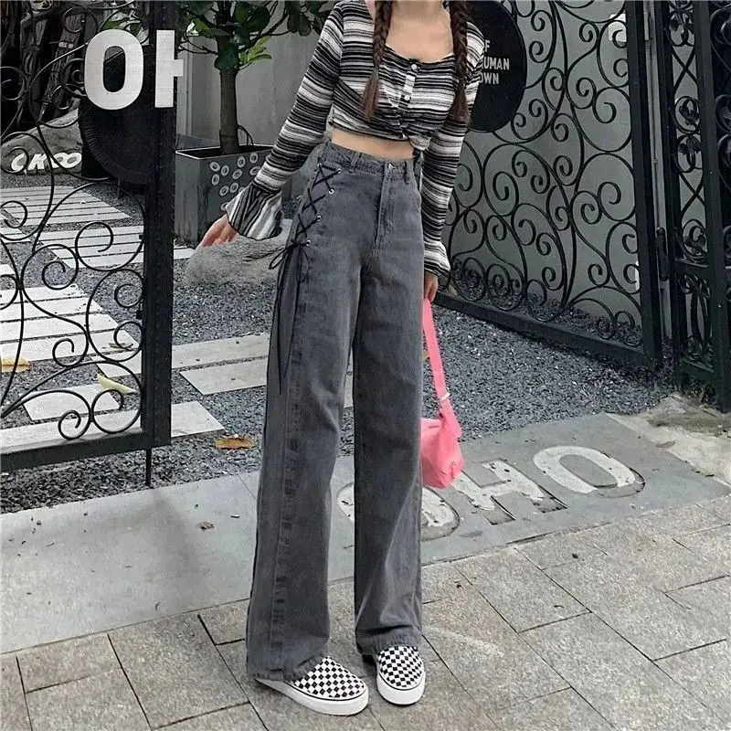 

Women Jeans Fashion Bandage Vintage High Waist Aesthetic Denim All-match Straight Streetwear Hotsweet Pockets Spring Autumn Cozy