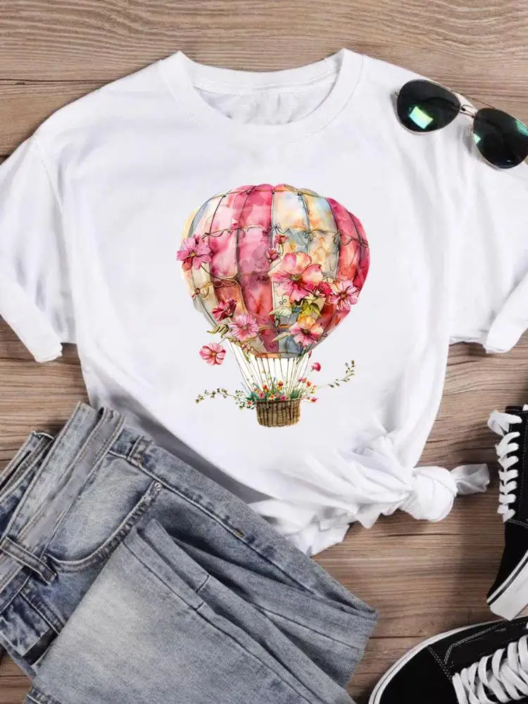 Print T-shirts Lady Fashion Women Shirt Female Tee O-neck Hot Balloon Travel Trend Graphic T Top Stylish Short Sleeve T-Shirt