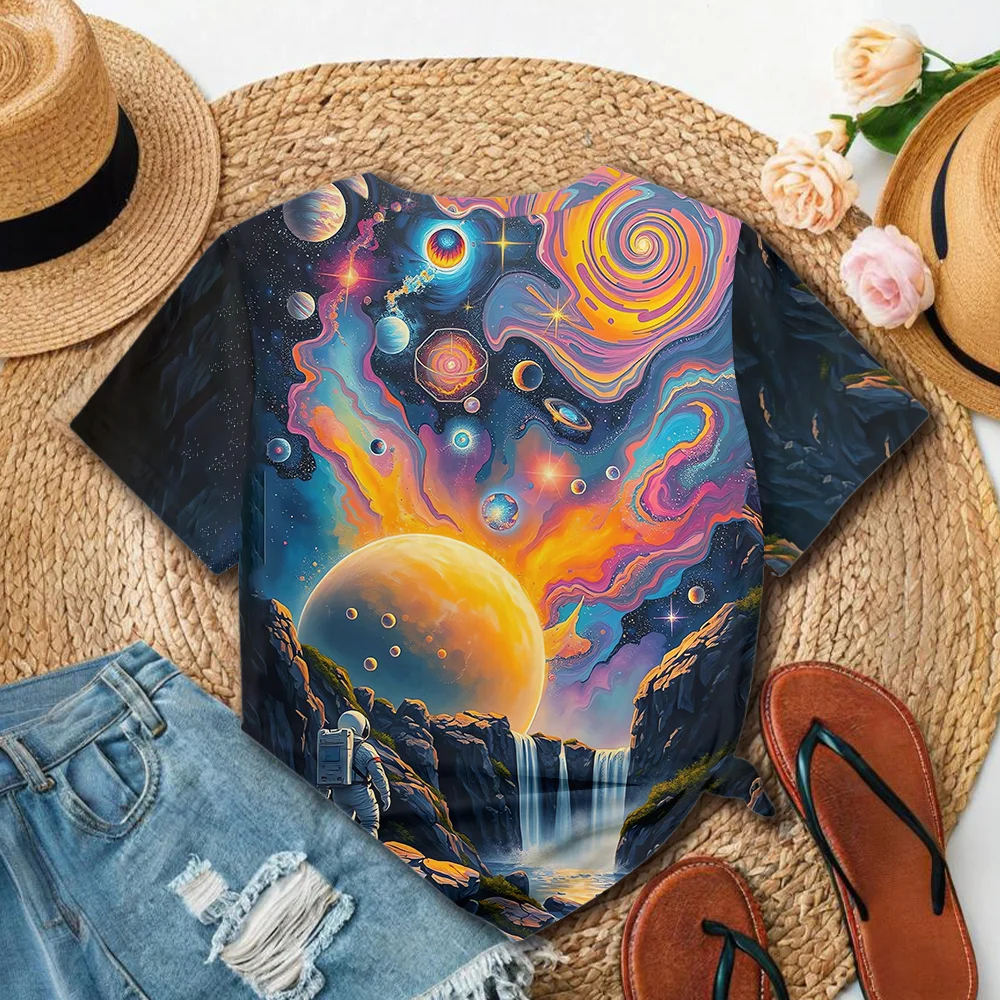Camiseta con estampado de planeta y universo colorido para mujer, diseño artístico, moda informal, estilo veraniego, manga corta