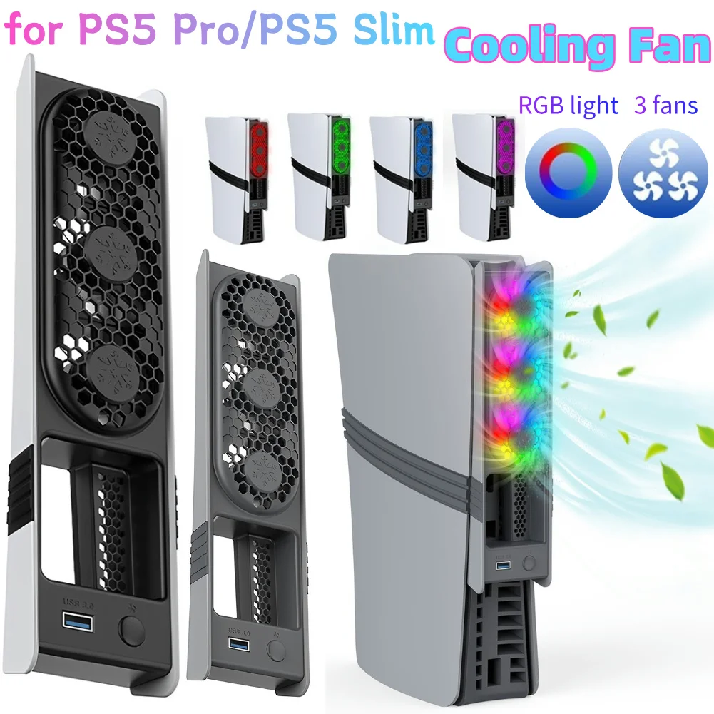 For PS5 Pro/PS5 Slim Cooling Fan External Fan Cooler with USB Port & RGB Light for PS5 Pro/Slim Disc and Digital Edition