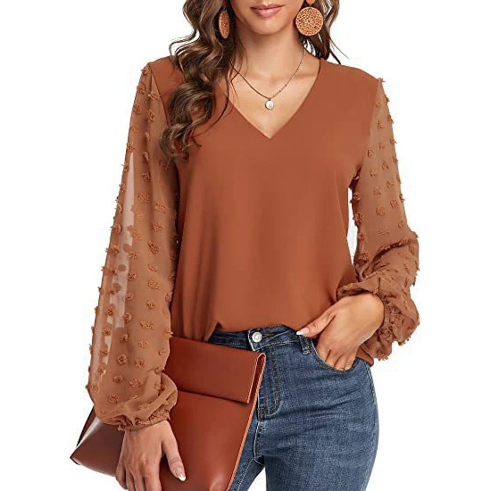 

Spring Summer Elegant Women Blouses Casual V Neck Long Sleeve Loose Female Blouses For Women