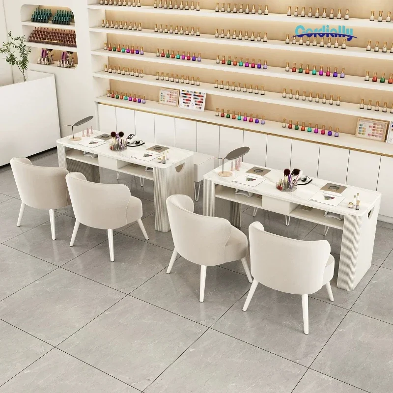 Modern Nordic Marble Top Manicure Desk Integrated Dust Collector Power Outlet Multi Person Custom Nail Salon Table