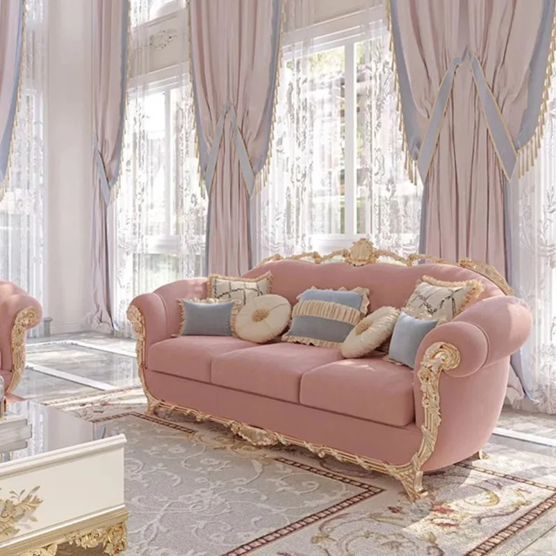 

European fabric sofa combination American solid wood living room French carved pull button sofa simple European light luxury