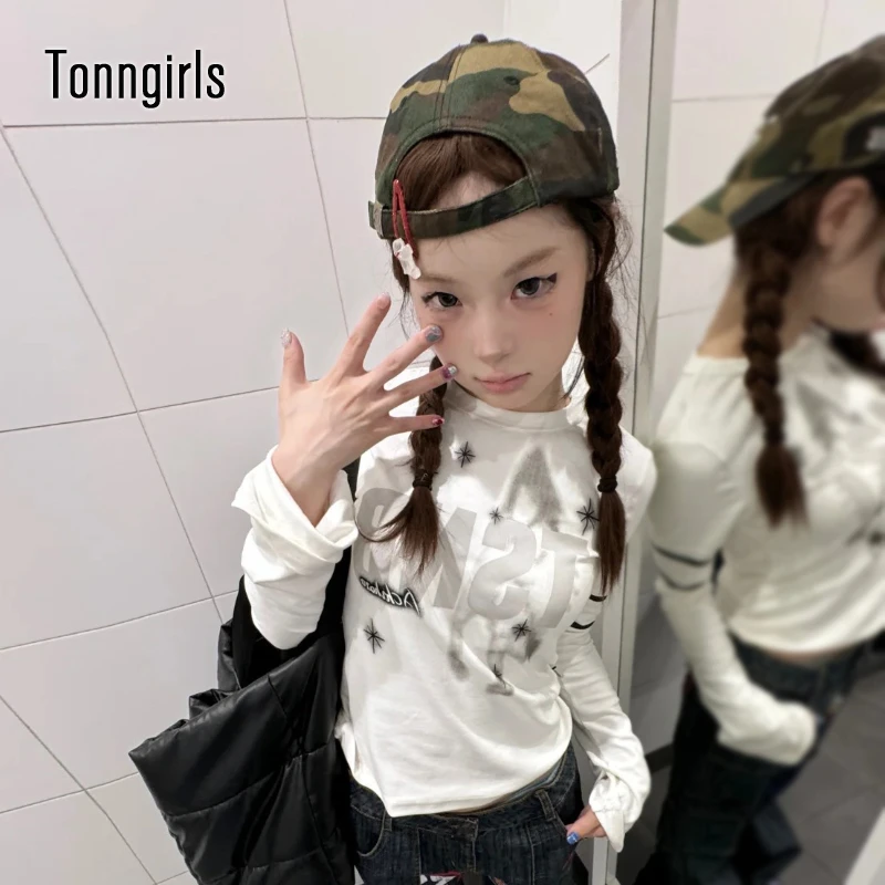 

Tonngirls Korean Style Print T-shirt Women Long Sleeve Casual Graphic Tops Y2k Aesthetic Vintage Tops Streetwear 2000s Japanese