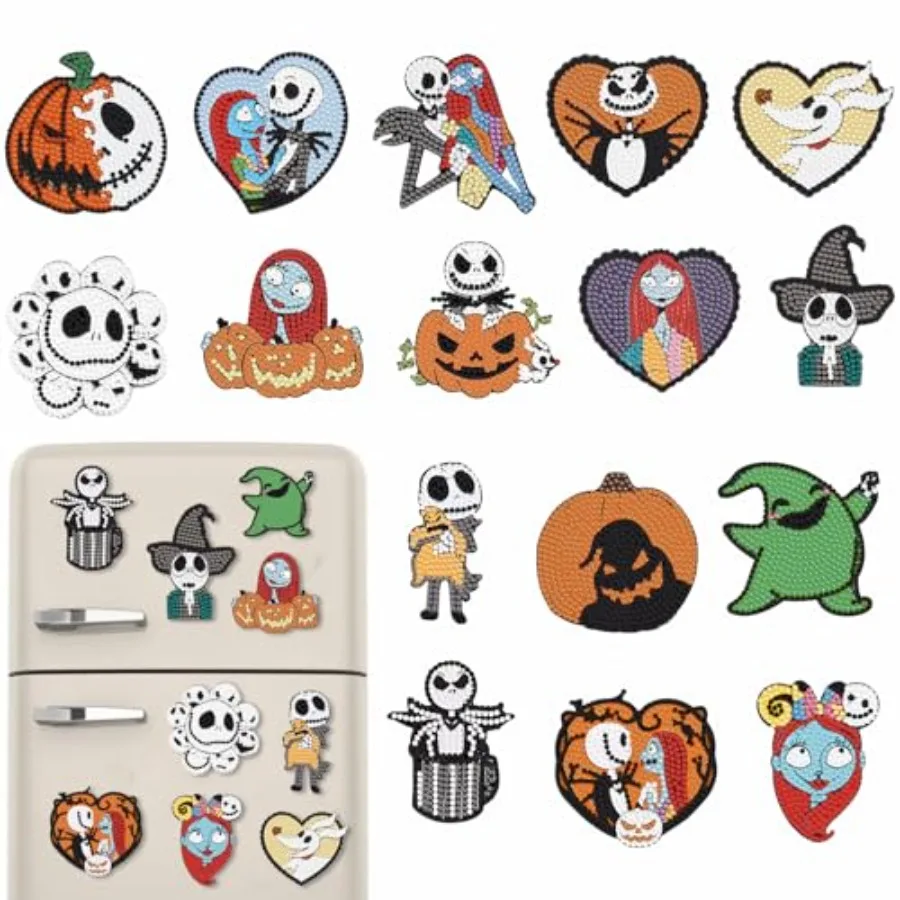 

16 Pcs Halloween Refrigerator Diamond Painting Magnets Stickers DIY Cartoon Diamond Art Fridge Stickers for Adults Home Cabinet