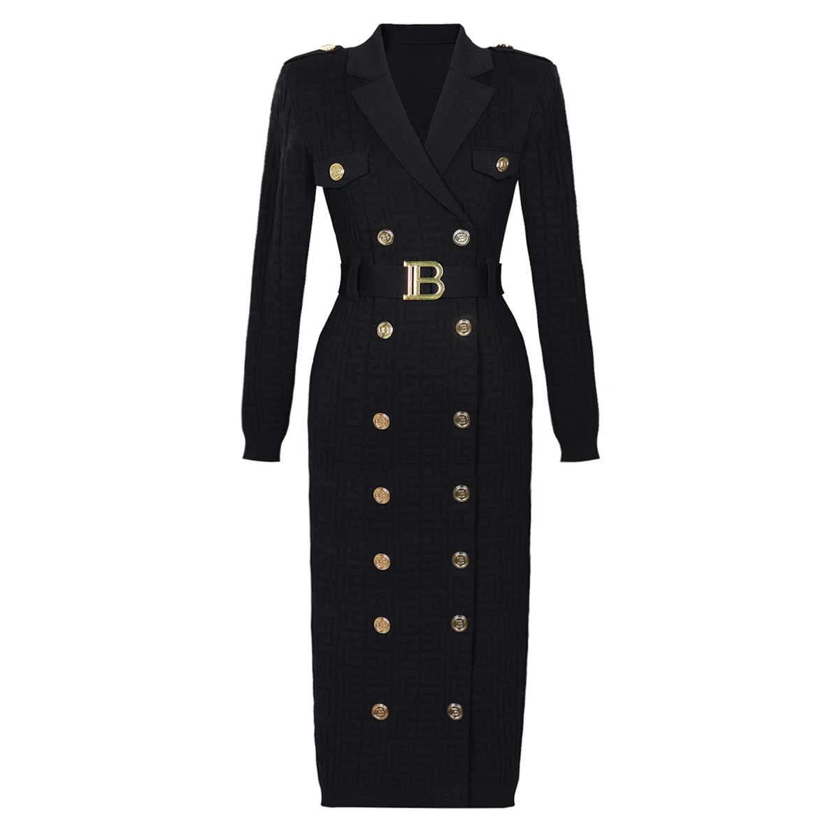 Four Colors Autumn And Winter New Fashionable Solid Color Texture Lapel Long Sleeved Double Breasted Long Commuter Women's Dress