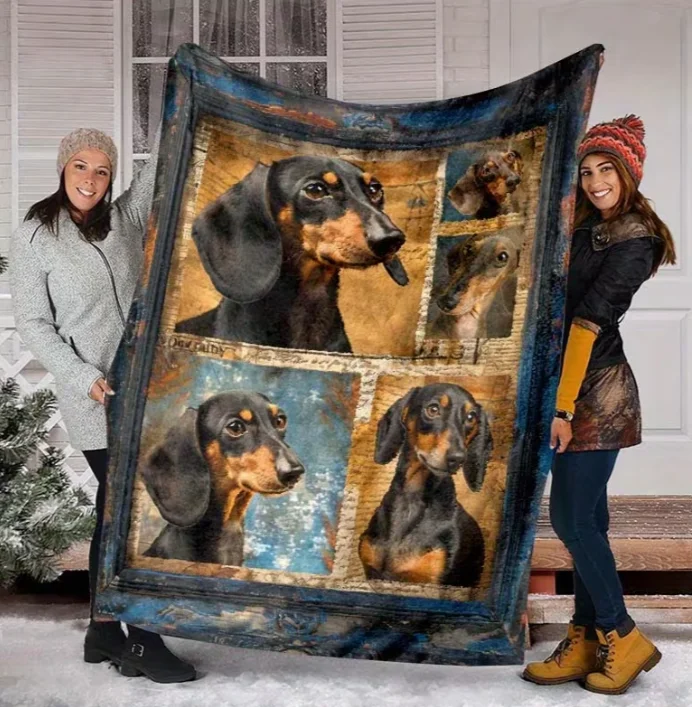 Cute Dachshund Dog Pattern Print Portable Office Nap Blanket, Polyester Fiber, Lightweight and Compact for Travel Blanket