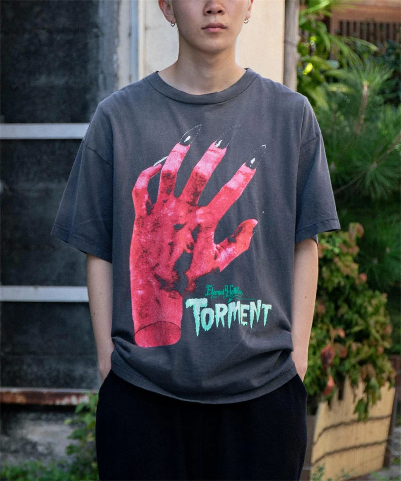 

Summer Vintage Saint High Quality Devil's Hand Printed Casual T-shirt Street Loose Cotton Washed Oversize Short Sleeve For Men