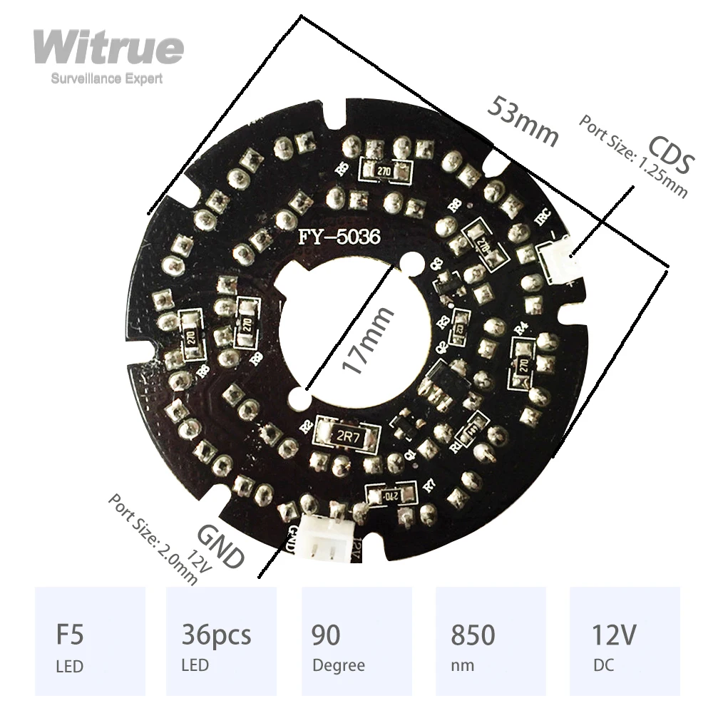 Witrue IR LED Board 36 Grain 850nm 90 Degree Diameter 53MM CCTV Accessoriesfor Surveillance Security CCTV Cameras