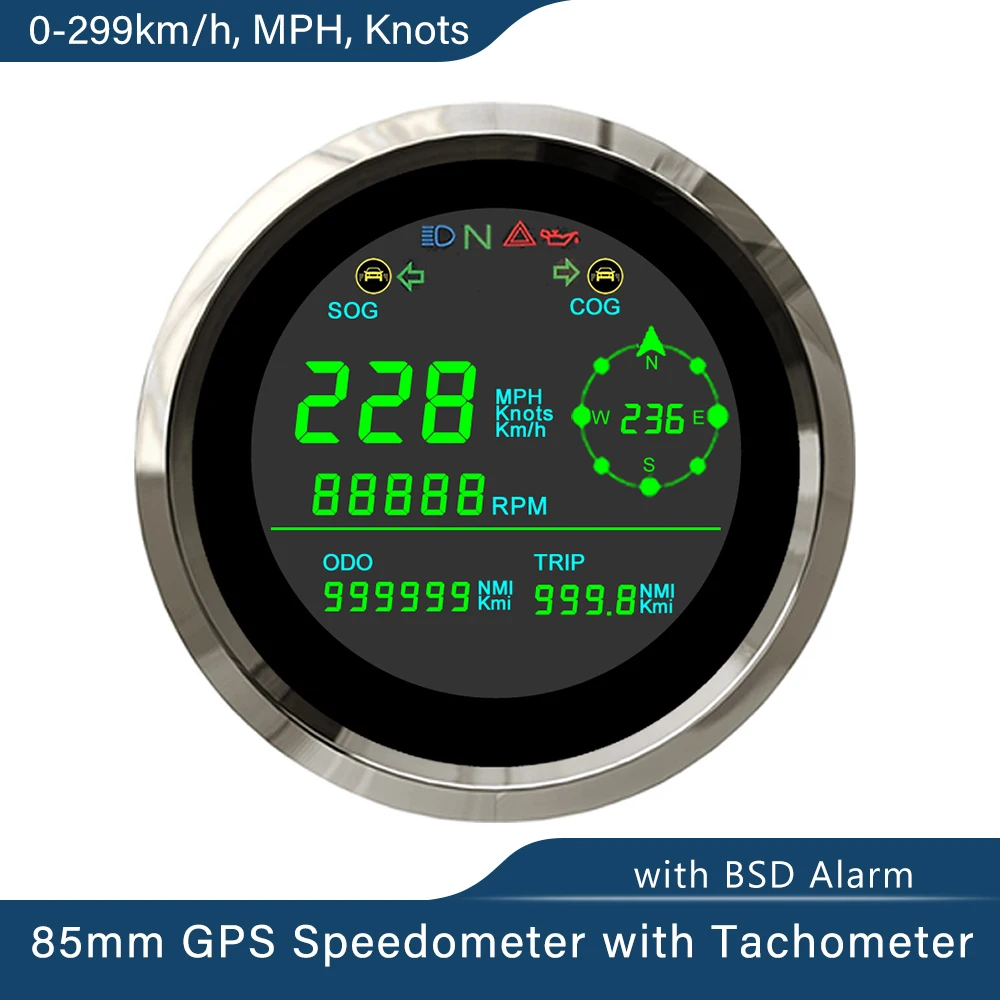 ELING جديد 85 مللي متر متعدد الوظائف LCD نظام تحديد المواقع عداد السرعة 0-299 km/ساعة MPH عقدة رحلة عداد المسافات RPM مقياس سرعة الدوران لسيارة دراجة نارية مع إنذار