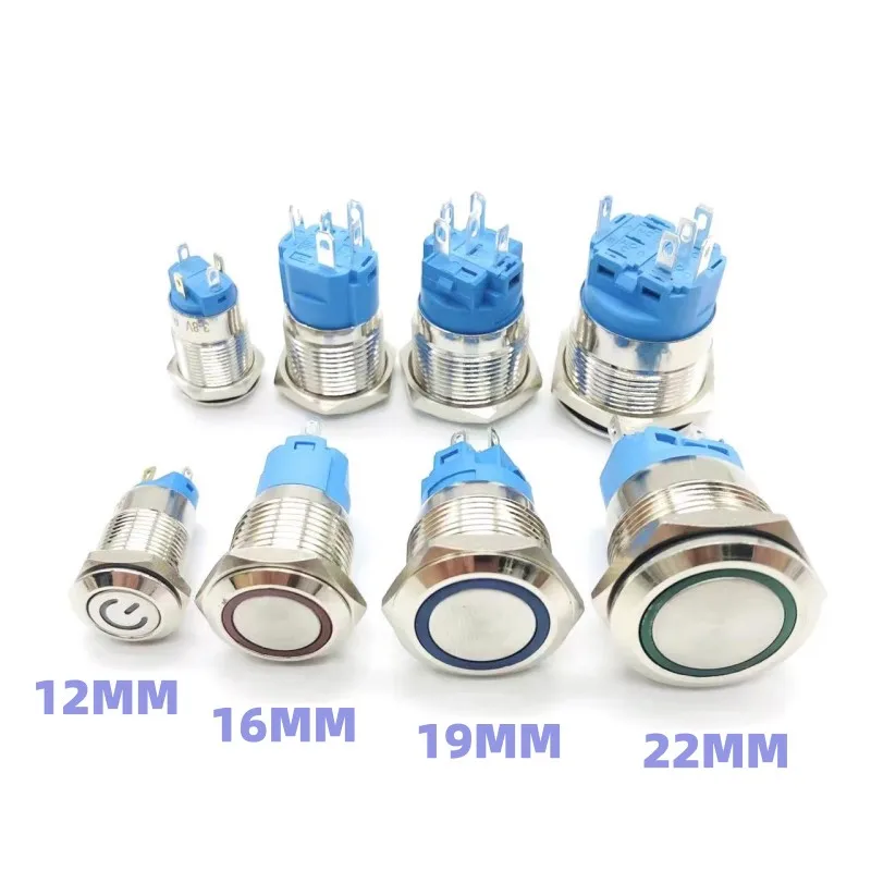 12 16 19 22MM Metal Button Switch LED Light Waterproof Momentary  Self-Locking Car Engine Power Supply 5V6V12V24V 220V Red Blue