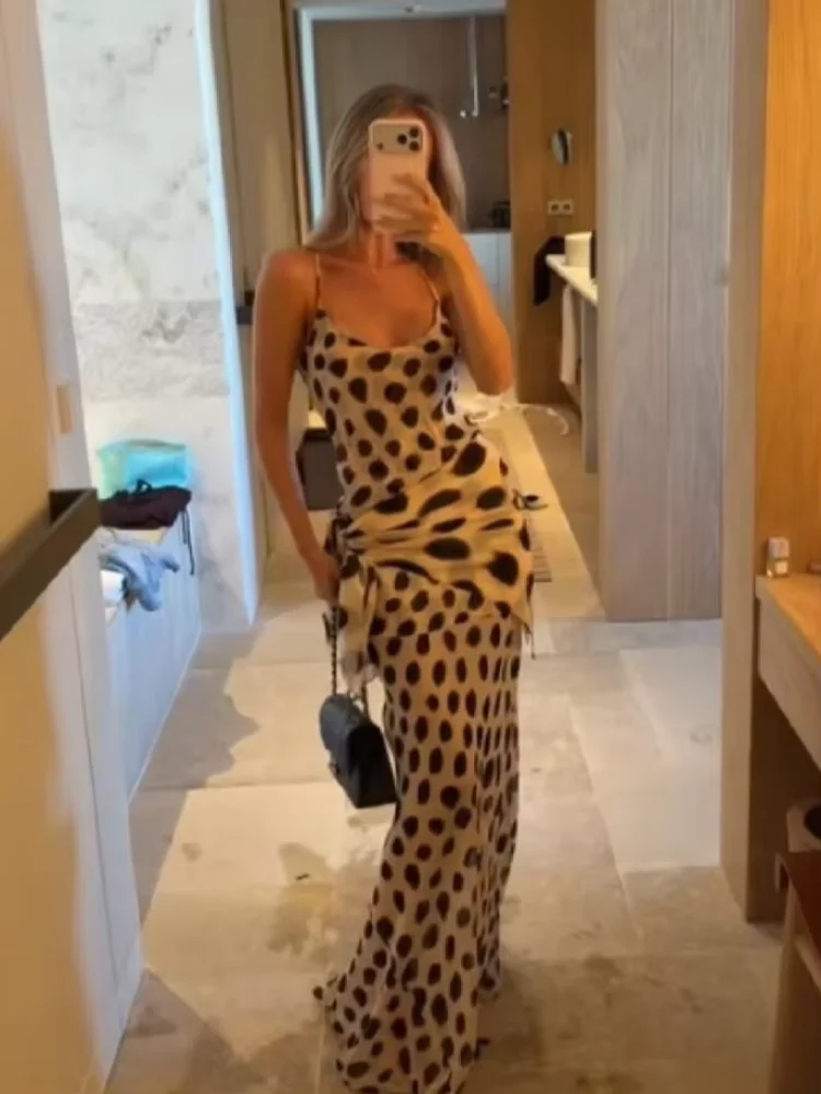 

Dresses Party Stylish Retro Summer Trendy Street Outfits Women Slip Dress Leopard Print V-neck Drawstring Sexy