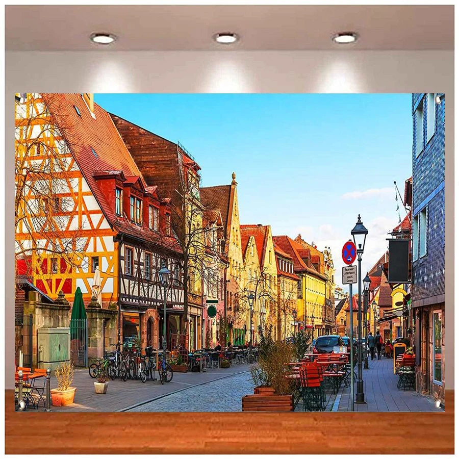 

Photography Backdrop Bavarian Street Scenery Sign Poster Oktoberfest Background Banner Photo Booth Party Poster Supplies