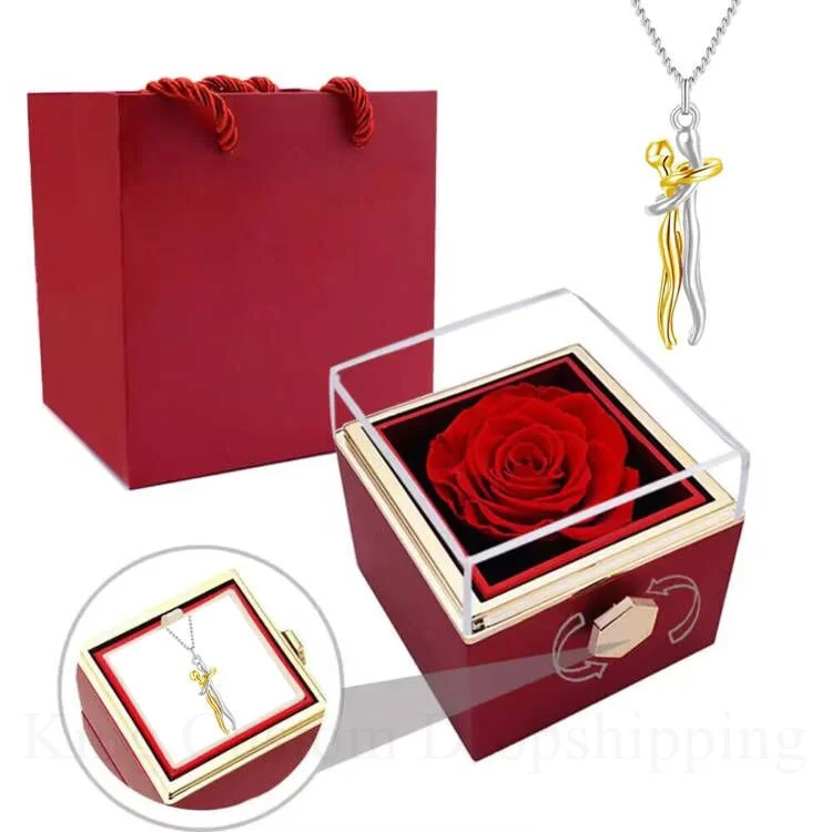 

New Eternal Real Rose Rotating Box Hug Necklace 316 Stainless Steel No Oxidation Couples Necklace Give to Family and Friends