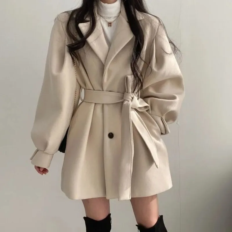 Autumn Winter Korean Notch Lapel Mid-Long Wool Coat Women's Loose Petite Outerwear