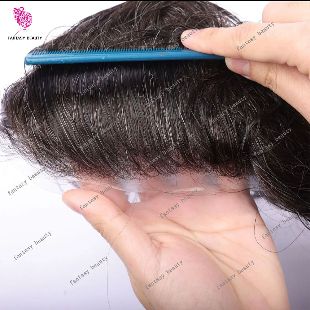 Peluca de hombre HD de piel súper fina con línea de cabello invisible de 0,02 mm Realista 80% peso ligero 210 # Peluquínes Vloop de cabello humano negro, gris y marrón
