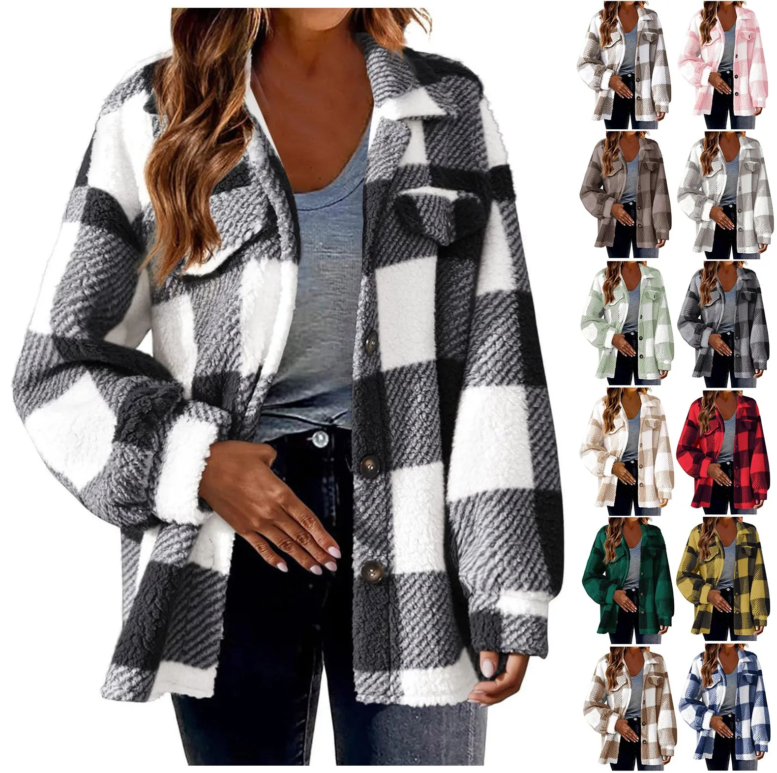 Women's Brushed Plush Jacket Plaid Button Winter Lapel Oversized Warm Fleece Outwears With Pockets Thick Fleece Shirts Coats