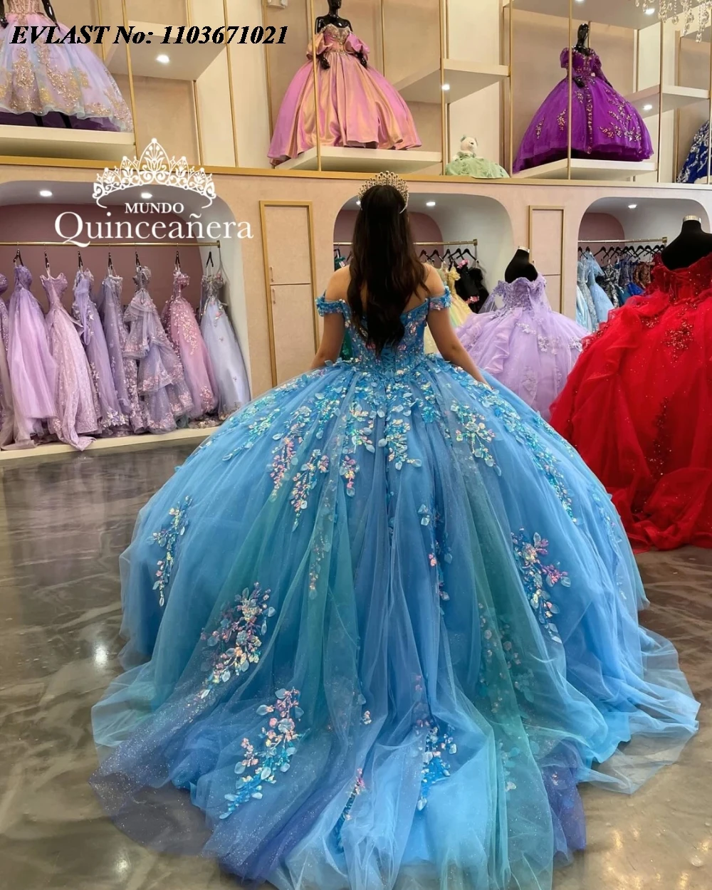 EVLAST Maßgeschneidertes blaues Quinceanera-Kleid, Ballkleid, glänzende Spitze, Perlenstickerei, Kristallkorsett, Sweet 16, Vestidos de 15 Anos SQ657