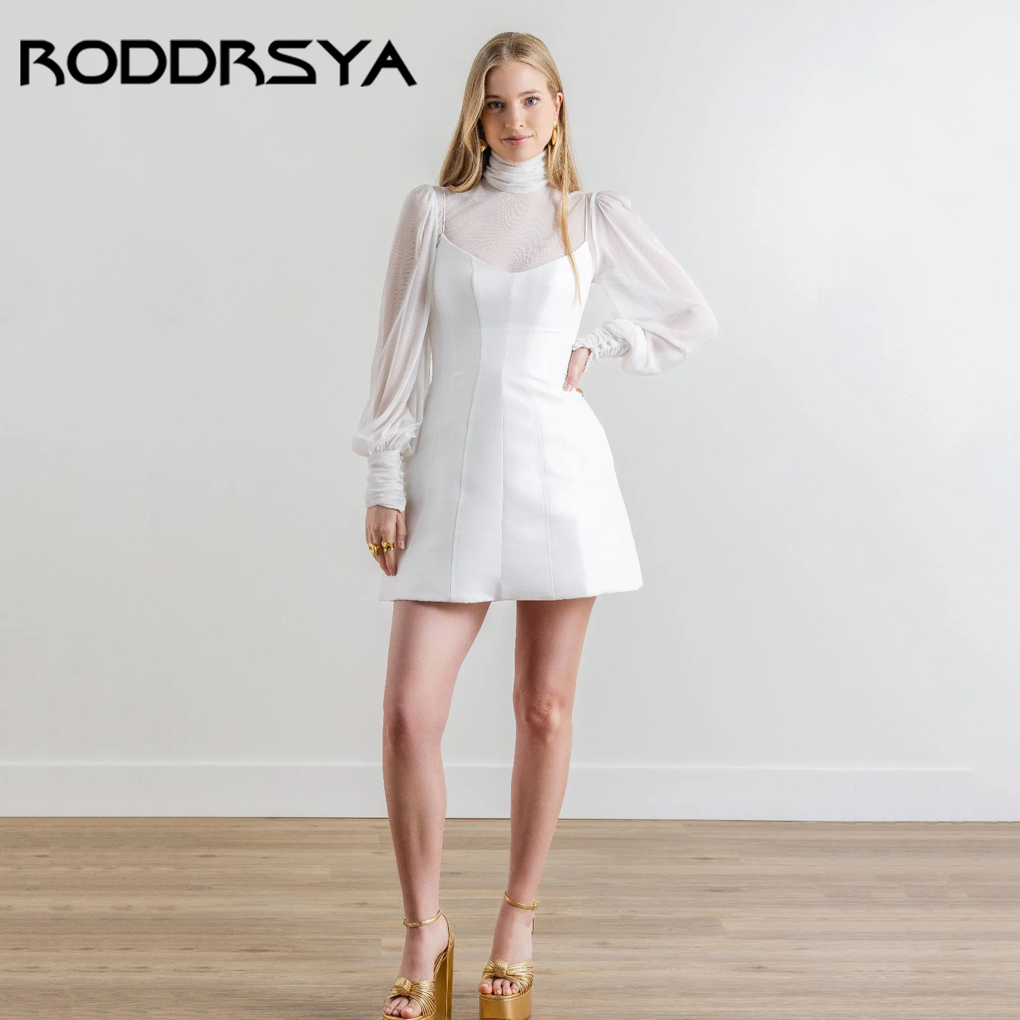 

RODDRSYA Short Bridal Dresses Simple High Neck A-Line Long Sleeve Wedding Gowns Satin Back Buttons vestidos de novia Customized