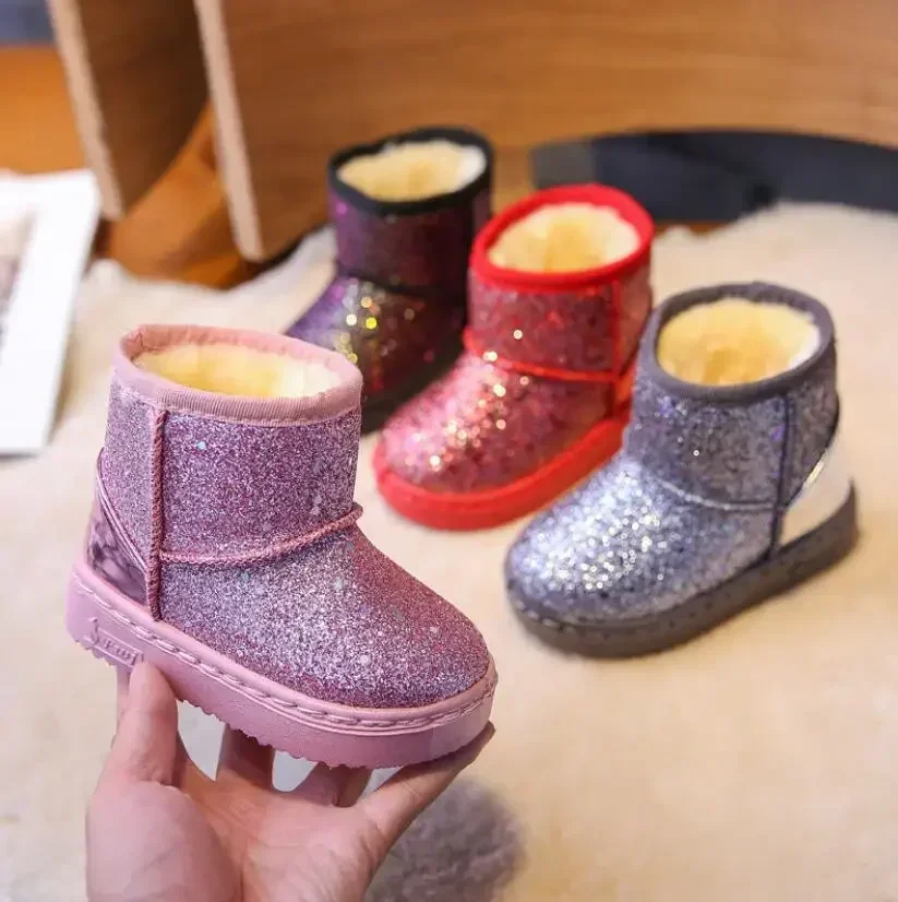 Winter Girl's Snow Boots Glimmer Three Colors Thick Fur Kids Short Boot Warm Beautiful Stylish Slip-on Children Shoes 25-36