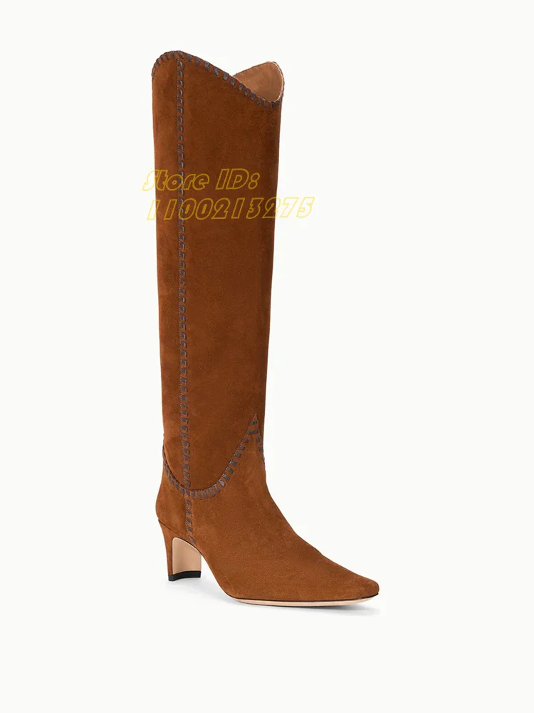 Western Suede Small Square Toe Boots Knee High Middle Heel Hot Sale Handmade Runway 2026 Winter Autumn Women Dress Shoes Slip On