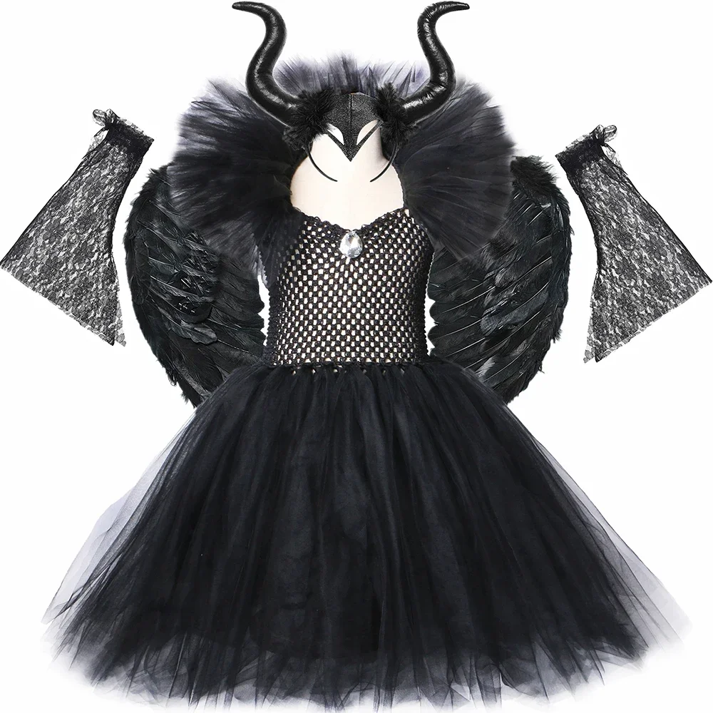 

Halloween Maleficent Witch Costume for Kids Black Gothic Evil Queen Cosplay Tutu Princess Dress for Girls Fancy Party Clothes