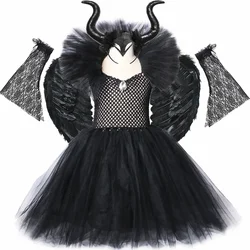 Halloween Maleficent Witch Costume for Kids Black Gothic Evil Queen Cosplay Tutu Princess Dress for Girls Fancy Party Clothes