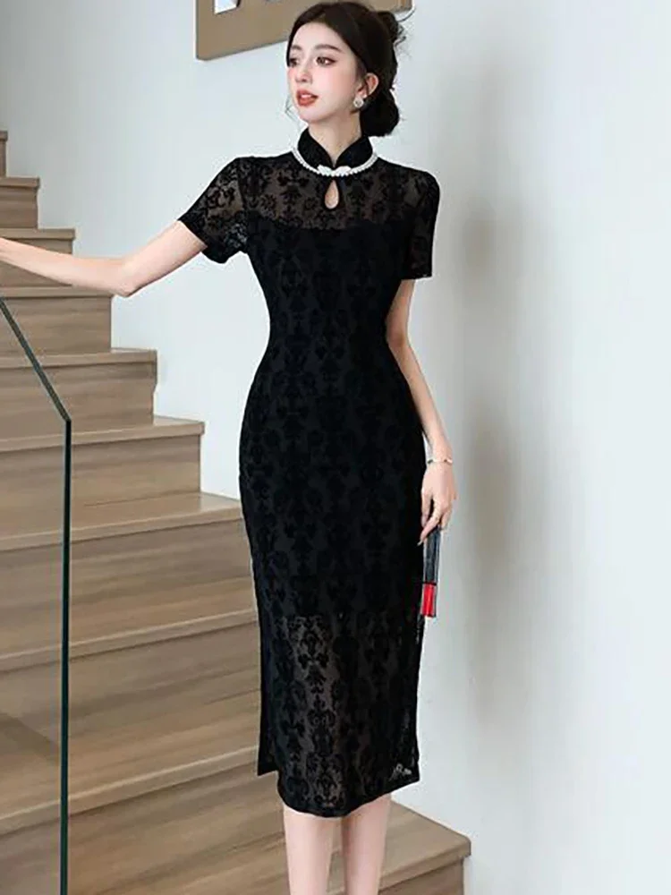 Black Jacquard Elegant Party Dresses Woman Summer Short Sleeve Chic Sheer Beading Luxury Long Dress 2024 Korean Vintage Vestidos