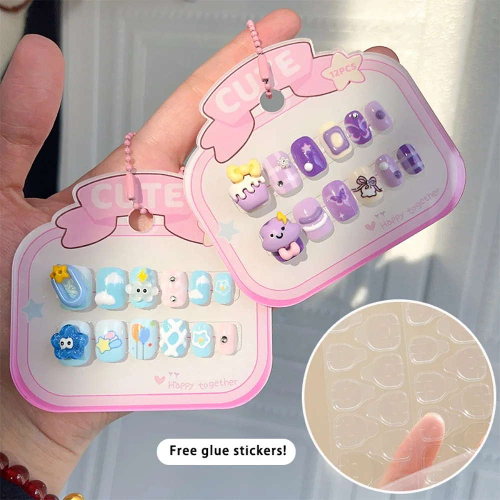 

3D Animal Kids Cartoon Fake Nails Flower Bowknot Short Square Shaped Children False Nails Full Cover Nail Art Tips