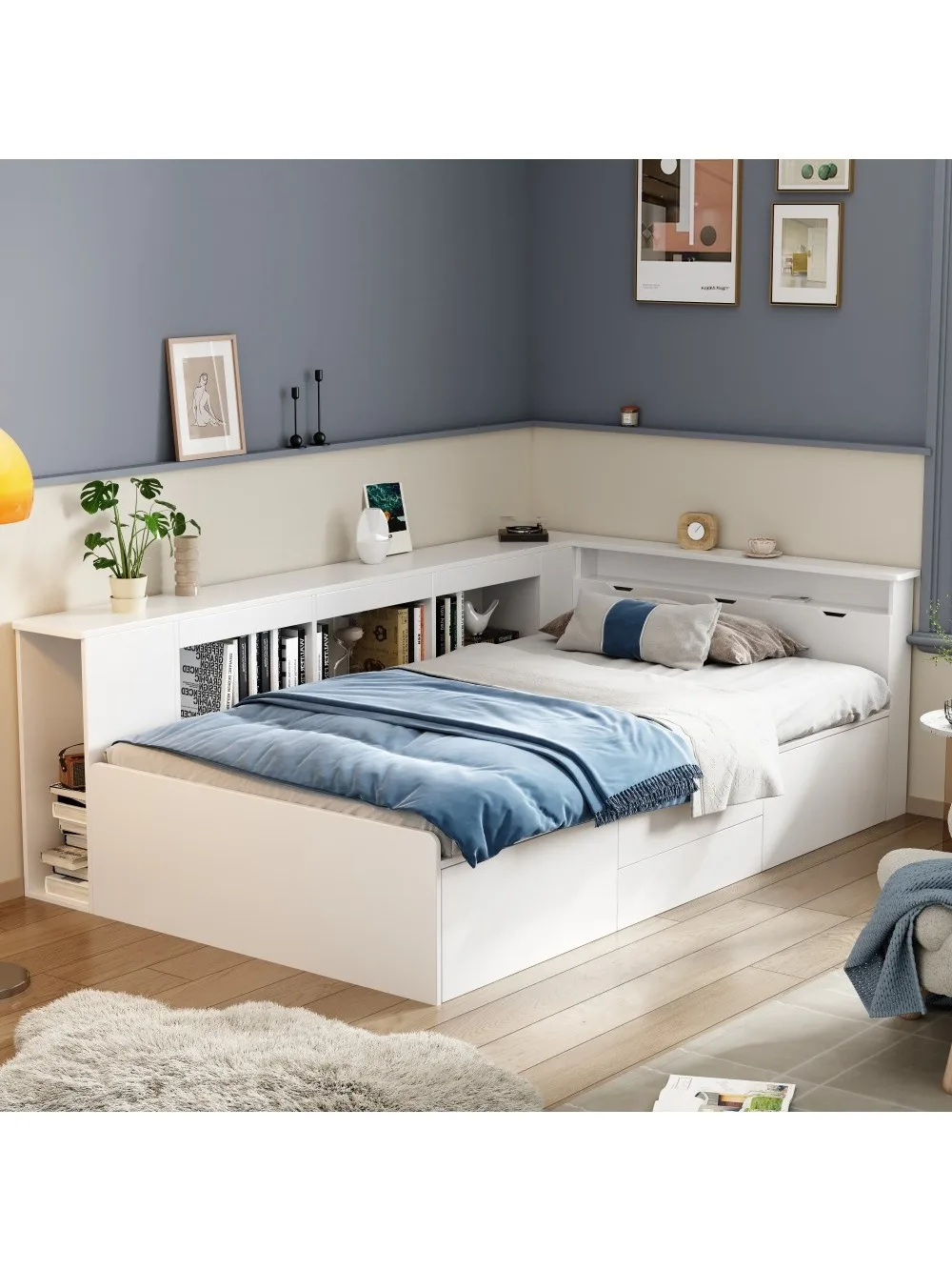 Platzsparende weiße Babymöbel – multifunktionales Kinderbett mit Schubladen, Einzelbett, Bücherregal, Aufbewahrung, Bettkasten (keine Matratze)