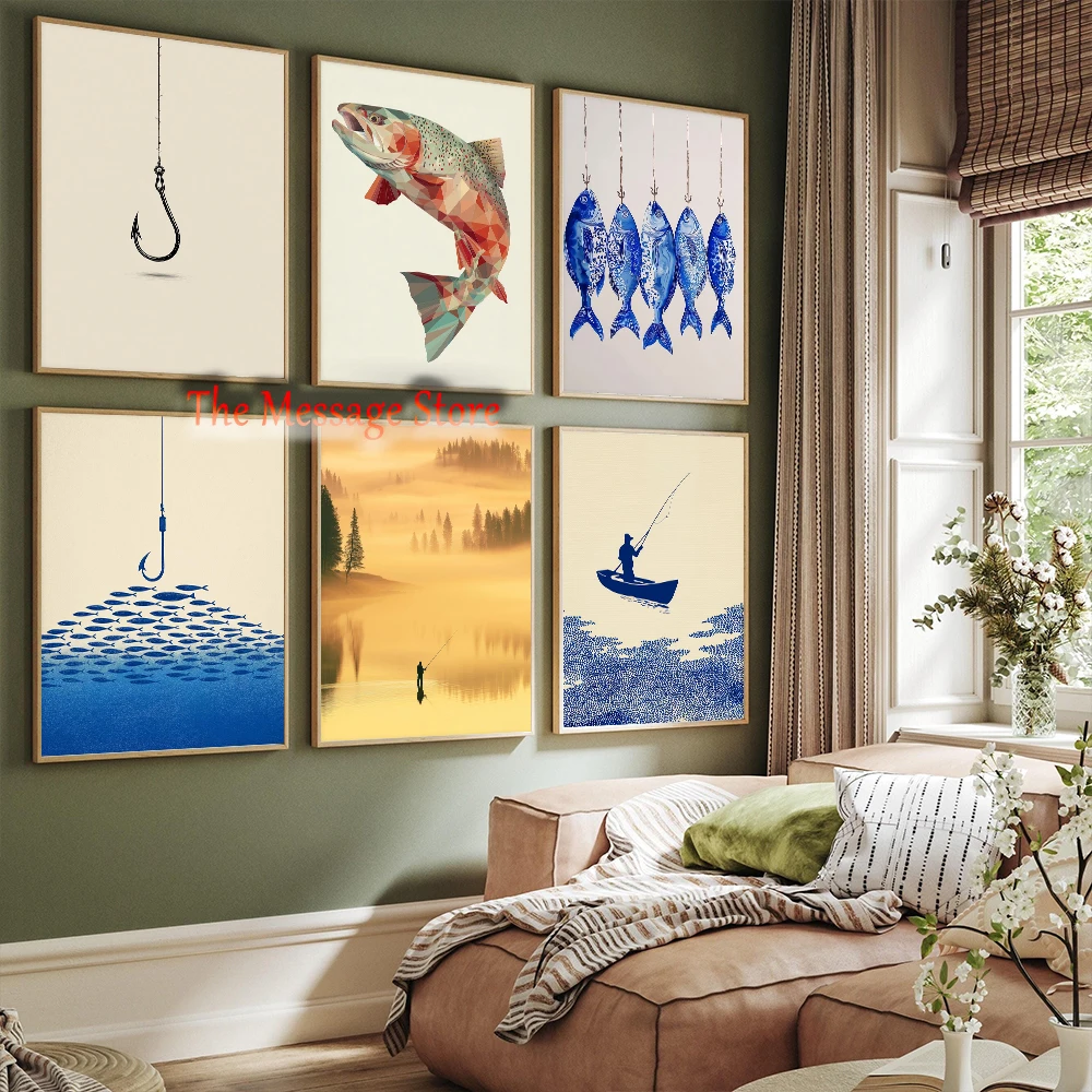 Minimalist Fish Hook Nautical Ocean Sardines Minimalist Fishing Bobber Retro Fisher Poster Canvas Painting Wall Pictures Decor