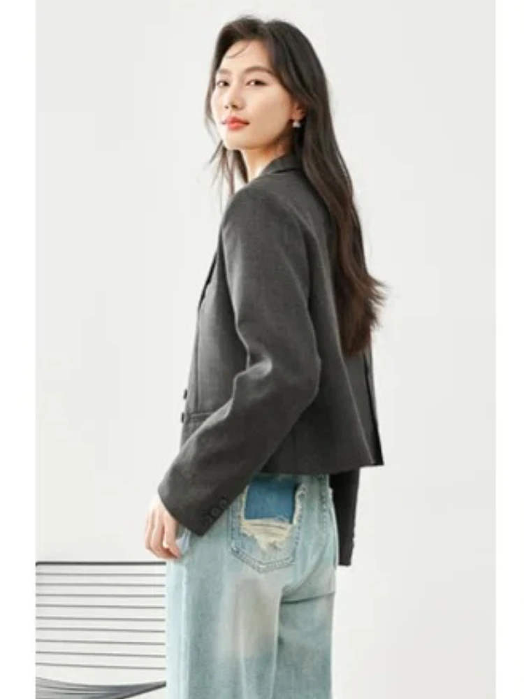 VIMLY Women Cropped Blazer Jacket 2026 Autumn Solid Elegant Office Business Tailored Coats Notched Collar Female Outerwear M513