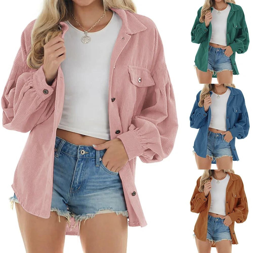 Women Blouses Turn-down Collar autumn/winter 2022 Leisure Loose Corduroy Lantern Sleeve Solid Color Harajuku Female New MDF6608