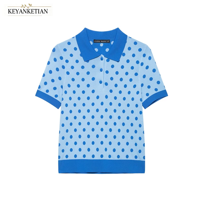 KEYANKETIAN 2026 Summer Contrast Color Dot Polo Shirt Lapel Half Button Front Rib Trim Soft Knit Loose Casual Short Sleeve Top