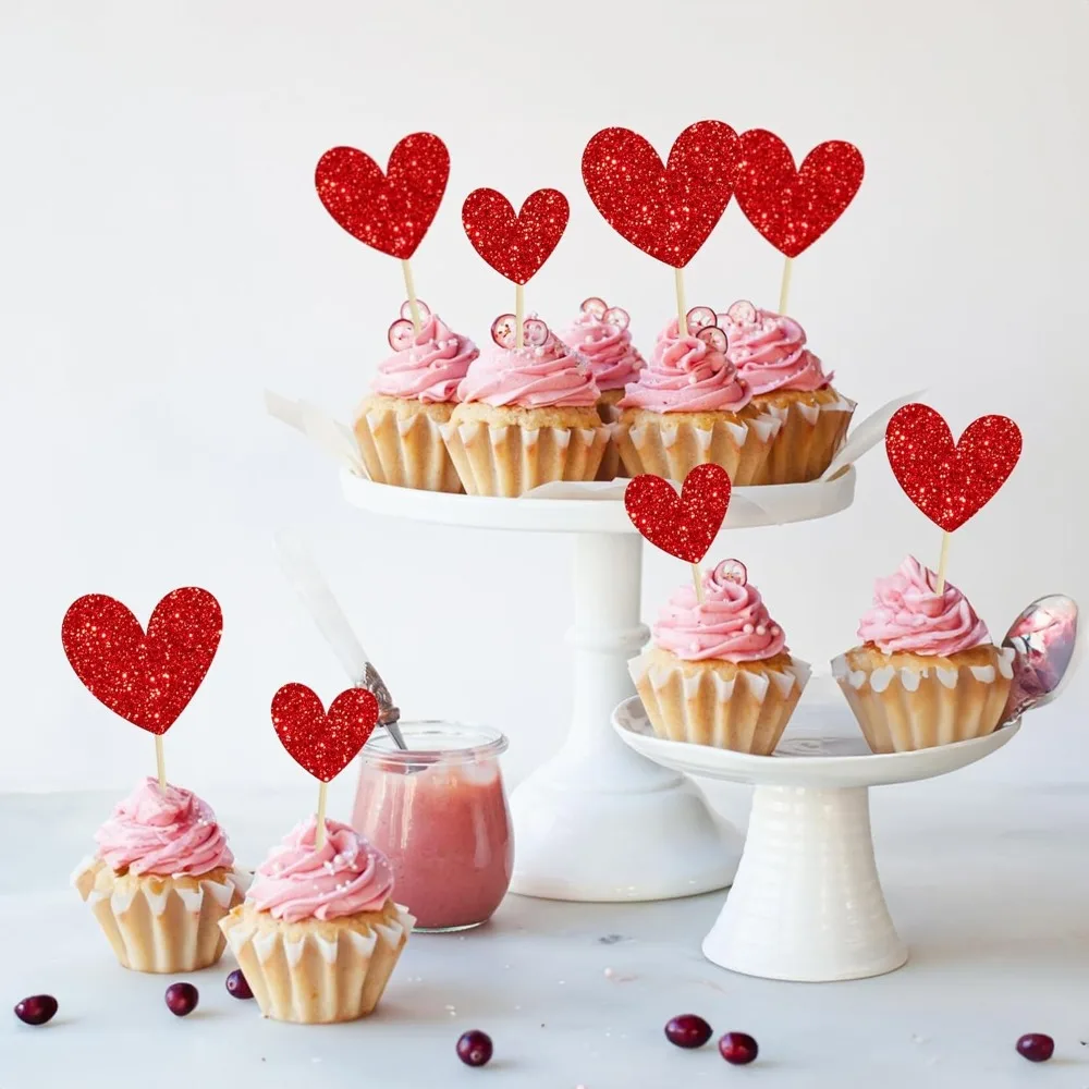 24 Stück rote glitzernde Herz-Cupcake-Topper, Valentinstag und Hochzeit, Verlobung, Geburtstag, Party-Dekoration – Detail 5