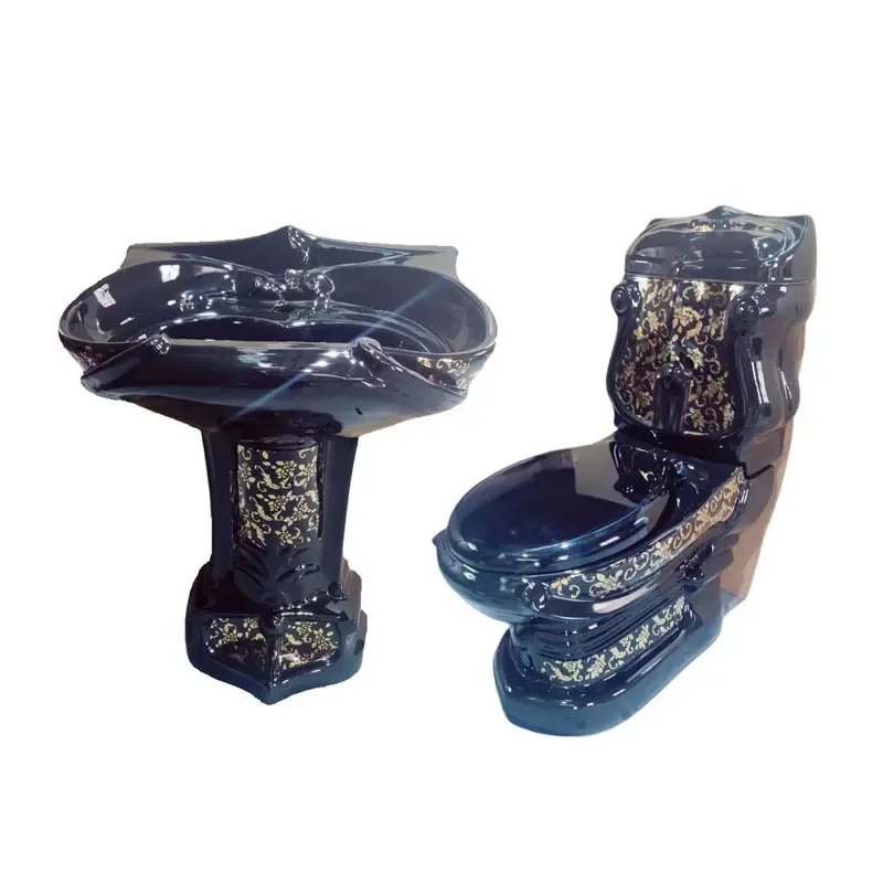 ceramic golden toilet set black gold colour washdown commode modern bathroom two piece toilet bowl and pedestal sink