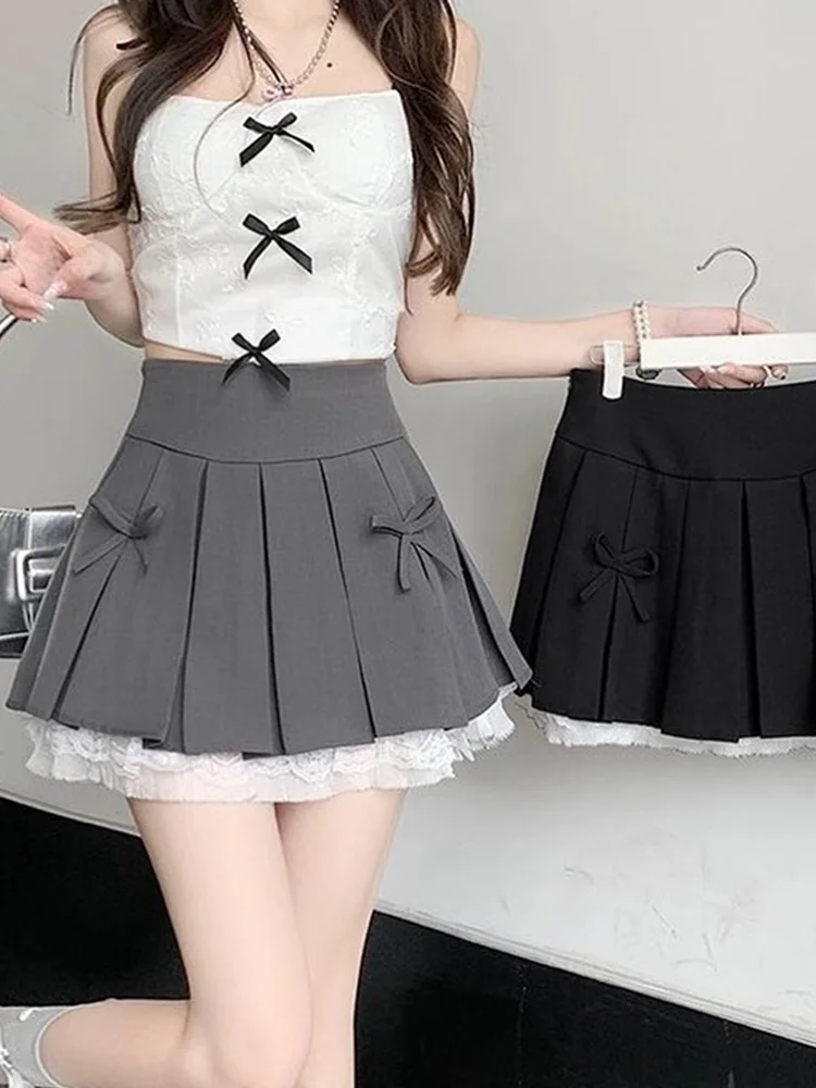 

Pleated Skirt High Waist A-Line Skirt Lace Bowknot Sweet Japanese Style Half Skirt