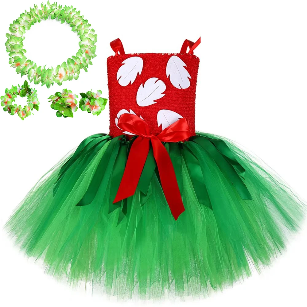 Red Green Hawaii Ballet Tutus Dresses for Baby Girls Christmas Princess Costumes Kids Hawaiian Fancy Outfit with Flowers Garland