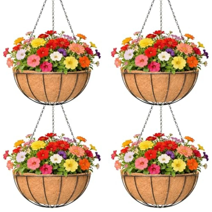 

4 Pack Metal Hanging Planter Basket Natural Round Coconut Hanging Plant Pot Coconut Coir Planter for Hanging Basket s/Vegetable