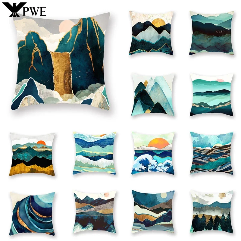 

Abstract Gold Mountains Cushion Cases Geometric Mountain Sun Moon Creative pillowcase Decorative Pillows Home Decor Almofadas