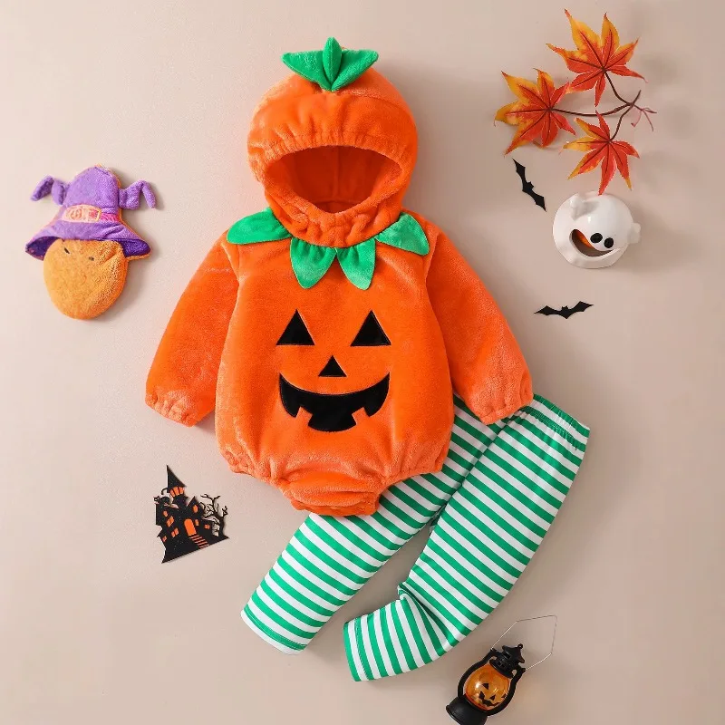 Newborn Baby Boys Girls Pumpkin Costume Romper Orange Bubble Bodysuit Green Leaf Collar Striped Leg Warmers 0 24M