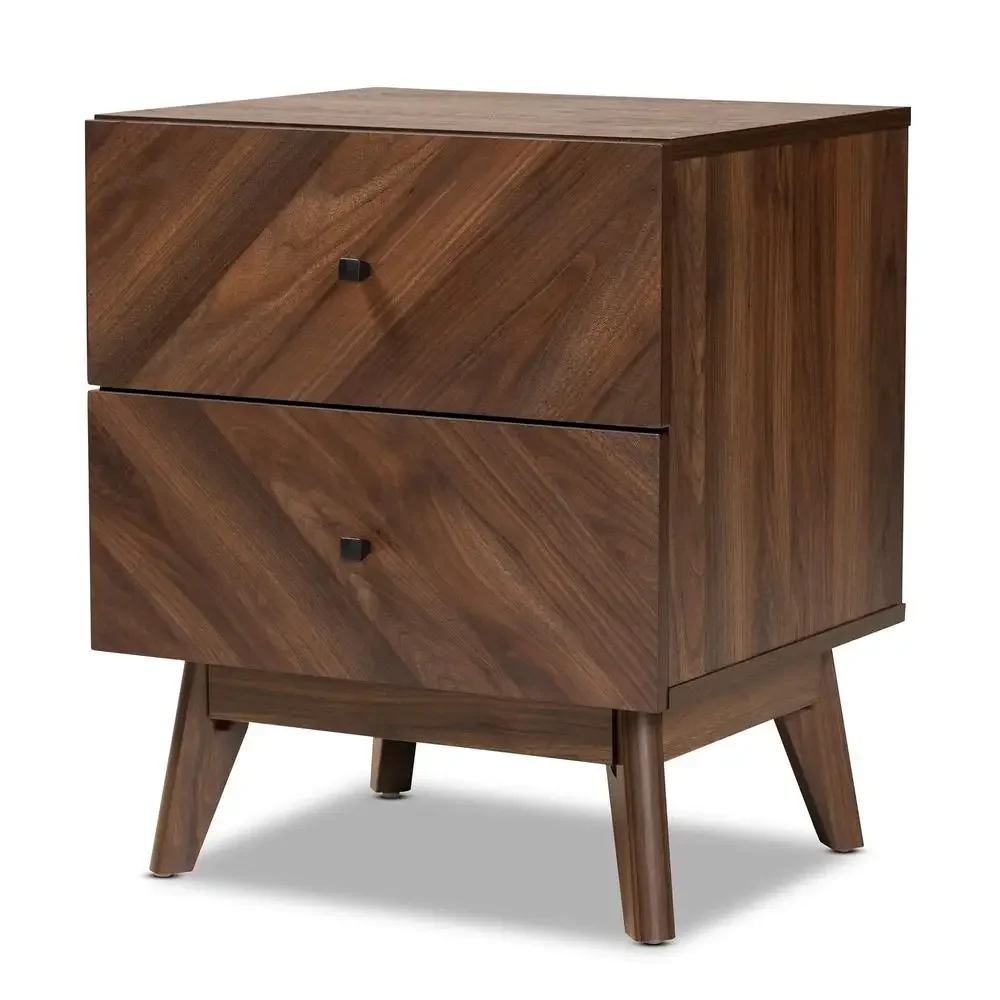 Mid-Century Modern Walnut Brown Wood 2-Drawer Nightstand Organizer Dynamic Texture Wood Grain Eco-Friendly Assembly Required