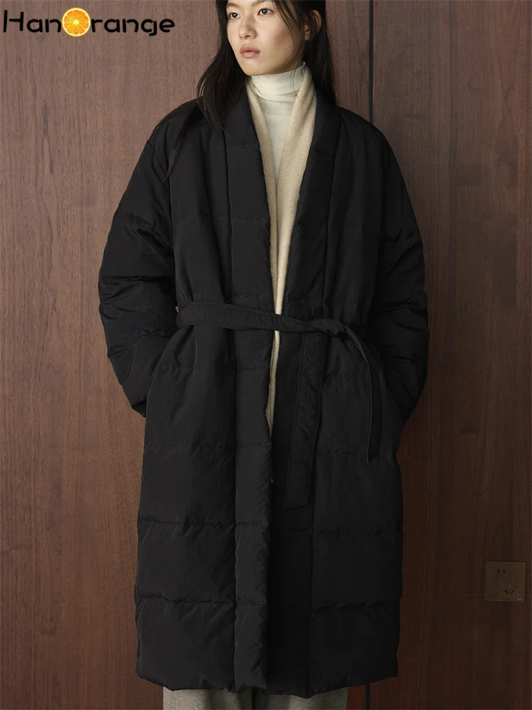 

HanOrange 2025 Winter Art Designer Strap Long Down Parkas Women Warm Thick Coat Black/Beige Gray