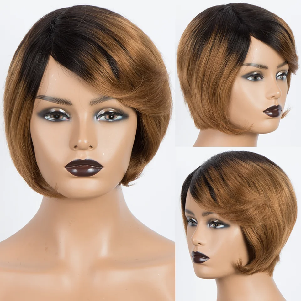 Short Pixie Straight Human Hair Wigs For Women Human Hair Straight Bob Wig With Bangs Bone No Lace Machine Made Wigs Fringe Wig