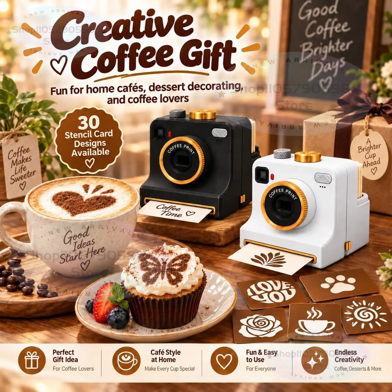 Drukarka do latte art wykorzystująca technologię druku 3D, ręczna drukarka do kawy z 4 szablonami i 2 siatkami filtracyjnymi, mechaniczny urządzenie do tworzenia wzorów na kawie, idealne do użytku